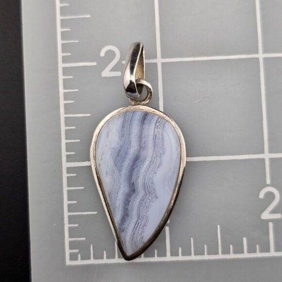 Blue Lace Agate Teardrop Pendant In 925 Sterling Silver Artisan Design 2 Inches - Picture 3 of 9